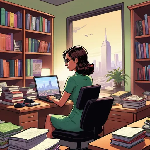 Prompt: GTA V cover art, woman typing on laptop in her office, bookshelves in background, cartoon illustration