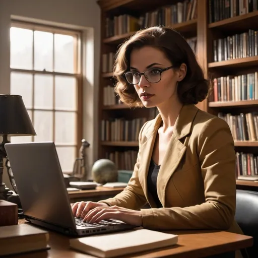 Prompt: woman typing on laptop in her office, bookshelves in background, , science-fiction, pulp style