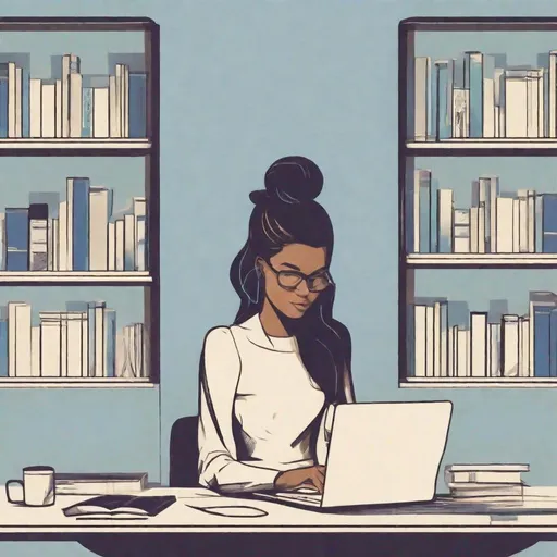 Prompt: Minimalist woman typing on laptop in her office, bookshelves in background,  gradient background, beige walls blue square, silhouette,straight lines, flat