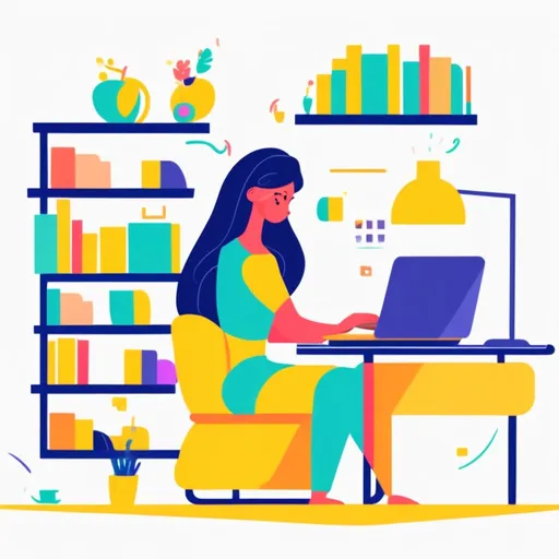 Prompt: illustration character design, cartoonish whimsical style. woman typing on laptop in her office, bookshelves in background, ,bright colors simple shapes,white backdrop
