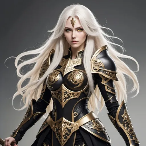 Prompt: Create an anime-styled image. Mother with long white hair and golden slit-shaped pupils She has black Norse armor. Full body view