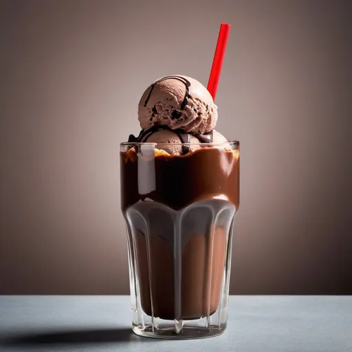 Prompt: Cola with chocolate icecream in a cylindrical glass with a plain straw