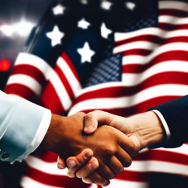 Prompt: an american flag in the background two people shaking hands 