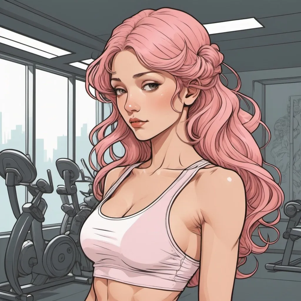 Prompt: eine zeichnung von einer jungen frau in einem fitness studio, lange rosa haare, schlank, mittel große brüste, ein kurzes top, ein verspielter slip, ein fuchs tattoo auf dem unterarm, bauchmuskeln, illustration, thin lineart, high quality, flat color illustration, satoshi kon, alphonse mucha
