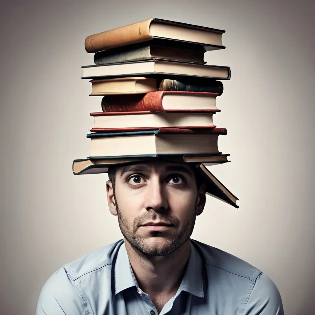 Prompt: Create a portrait image of a man with many books on his head