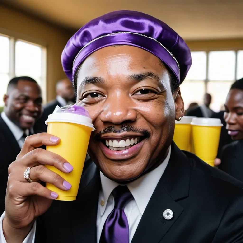 Prompt: Martin Luther King Junior with a black suit and a yellow silk durag tied around his head and white foam cup with a purple drink inside and a big smile with diamonds on his teeth, Aramenta Dianthe Vail, maximalism, jewelry, fisheye lens