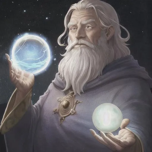 Prompt: A 50 yr old human wizard pondering his orb