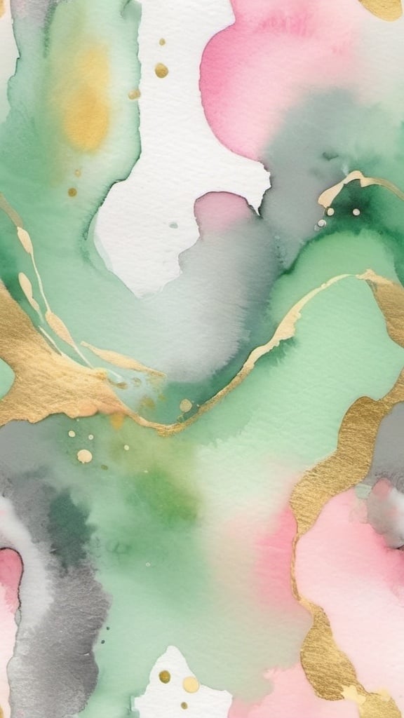 Prompt: Beautiful abstract watercolor light green, light pink, gold to silver  with an intermediate glow color solution
