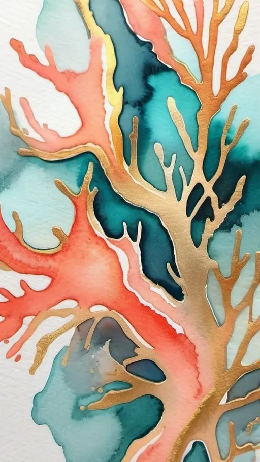 Prompt: Beautiful abstract watercolor coral, teal, gold to silver  with an intermediate glow color solution
