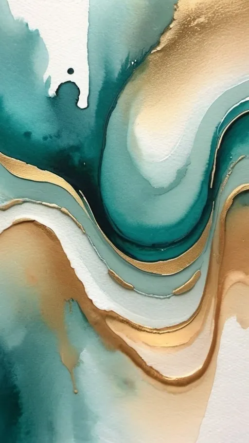 Prompt: Beautiful abstract watercolor tan, teal, gold to silver  with an intermediate glow color solution
