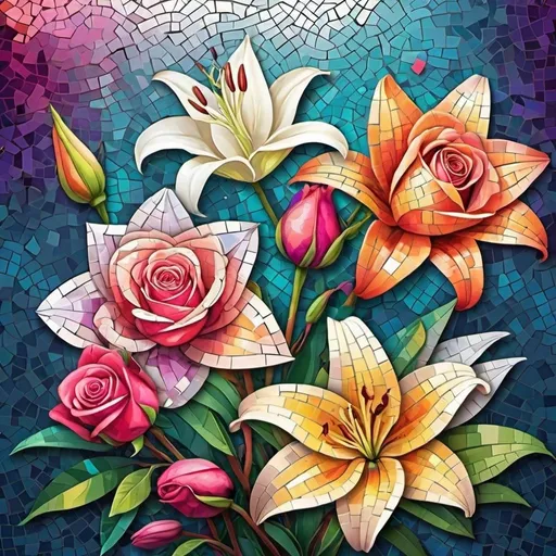 Prompt: abstract art illustration book cover colorful beautiful rose, lily, orchid's, book cover mosaic art style. book cover