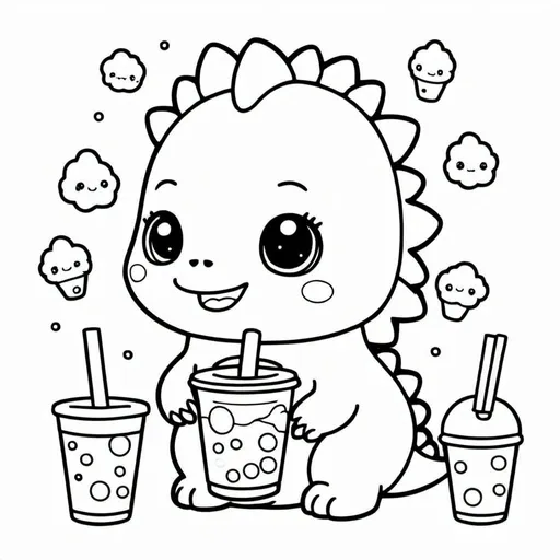Prompt: Super simple, kawaii coloring book style, cute dinosaur, boba tea, pastel colors, adorable, kawaii, coloring book style, cute, simple, minimalistic, detailed fur, sweet expression, pastel, kawaii style, coloring book, high quality, soft lighting
