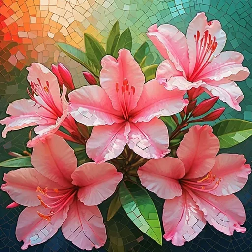 Prompt: abstract art illustration book cover, colorful beautiful azalea's, book cover mosaic art style. book cover