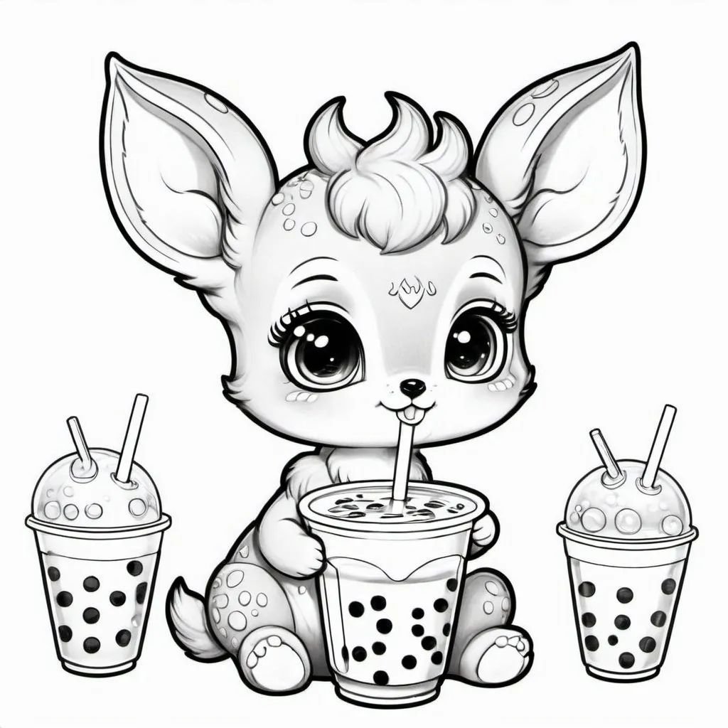 Prompt: Cute baby fawn enjoying boba tea, kawaii coloring book style, detailed fur, sweet expression, high quality, pastel colors, adorable, minimalistic, detailed eyes, soft lighting, kawaii, cute, sweet, boba tea, detailed fur, high quality, pastel, minimalistic, soft lighting