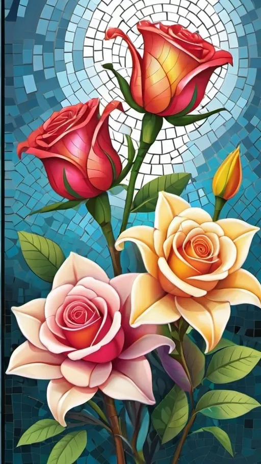 Prompt: abstract art illustration book cover colorful beautiful rose and lily's, book cover mosaic art style. book cover
