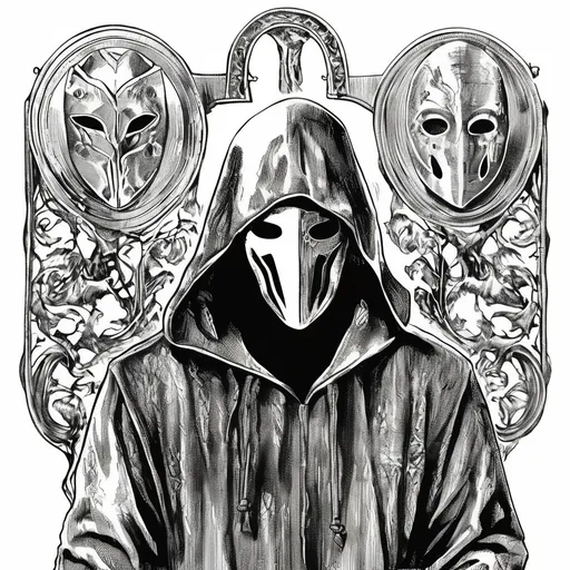 Prompt: Vintage clipart drawing of a hooded man with a metal mask that have engravings, black and white, ink drawing