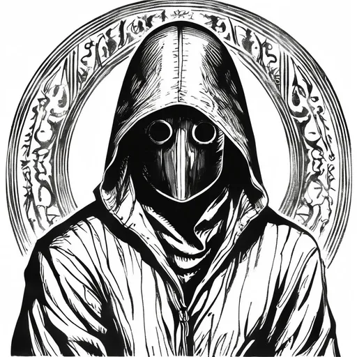 Prompt: Vintage clipart drawing of a hooded man with a metal mask that have engravings, black and white, ink drawing