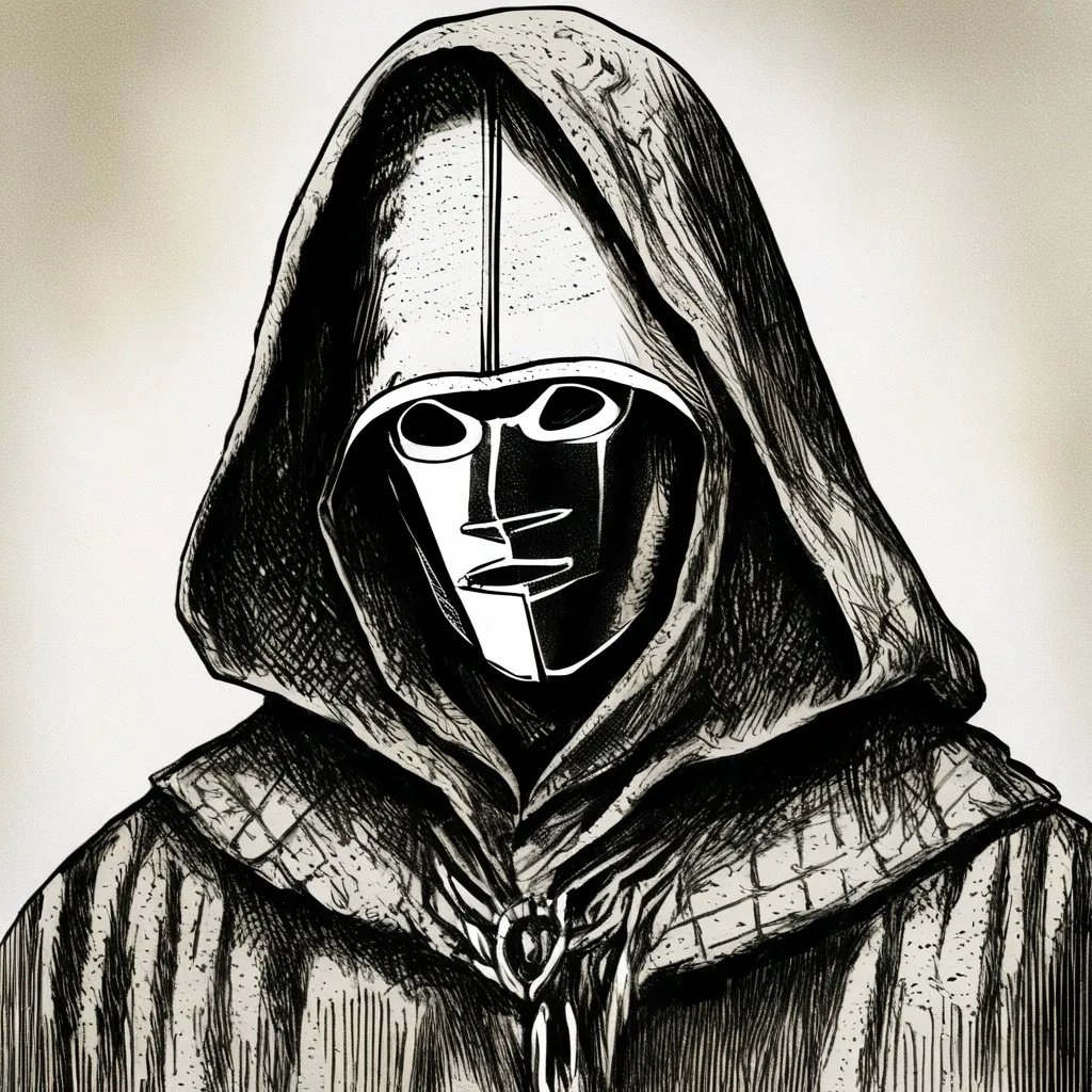 Prompt: Vintage clipart drawing of a hooded man with a metal mask that have engravings, black and white, ink drawing