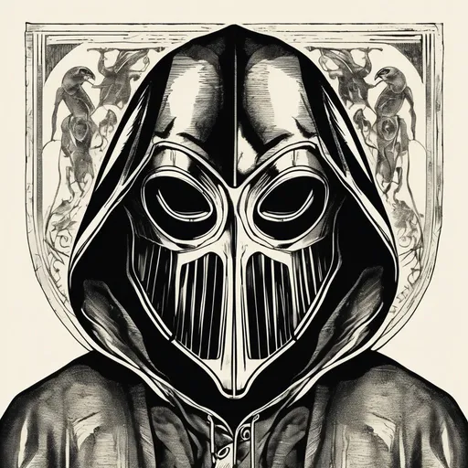 Prompt: Vintage clipart drawing of a hooded man with a metal mask that have engravings, black and white, ink drawing