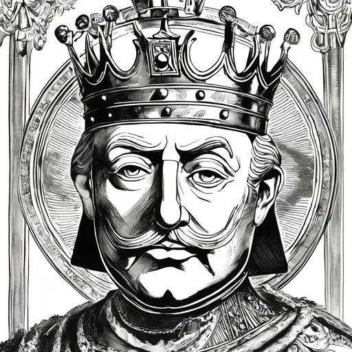 Prompt: Vintage clipart drawing of King Balwin with a metal mask that have engravings, black and white, ink drawing