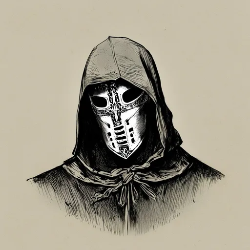 Prompt: Vintage clipart drawing of a hooded man with a metal mask that have engravings, black and white, ink drawing