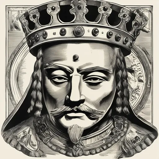 Prompt: Vintage clipart drawing of King Balwin with a metal mask that have engravings, black and white, ink drawing
