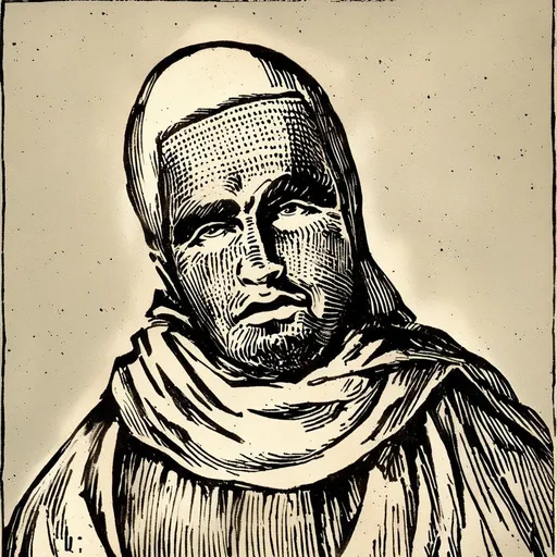 Prompt: Vintage clipart drawing of a man with a robe and hood, black and white, ink drawing