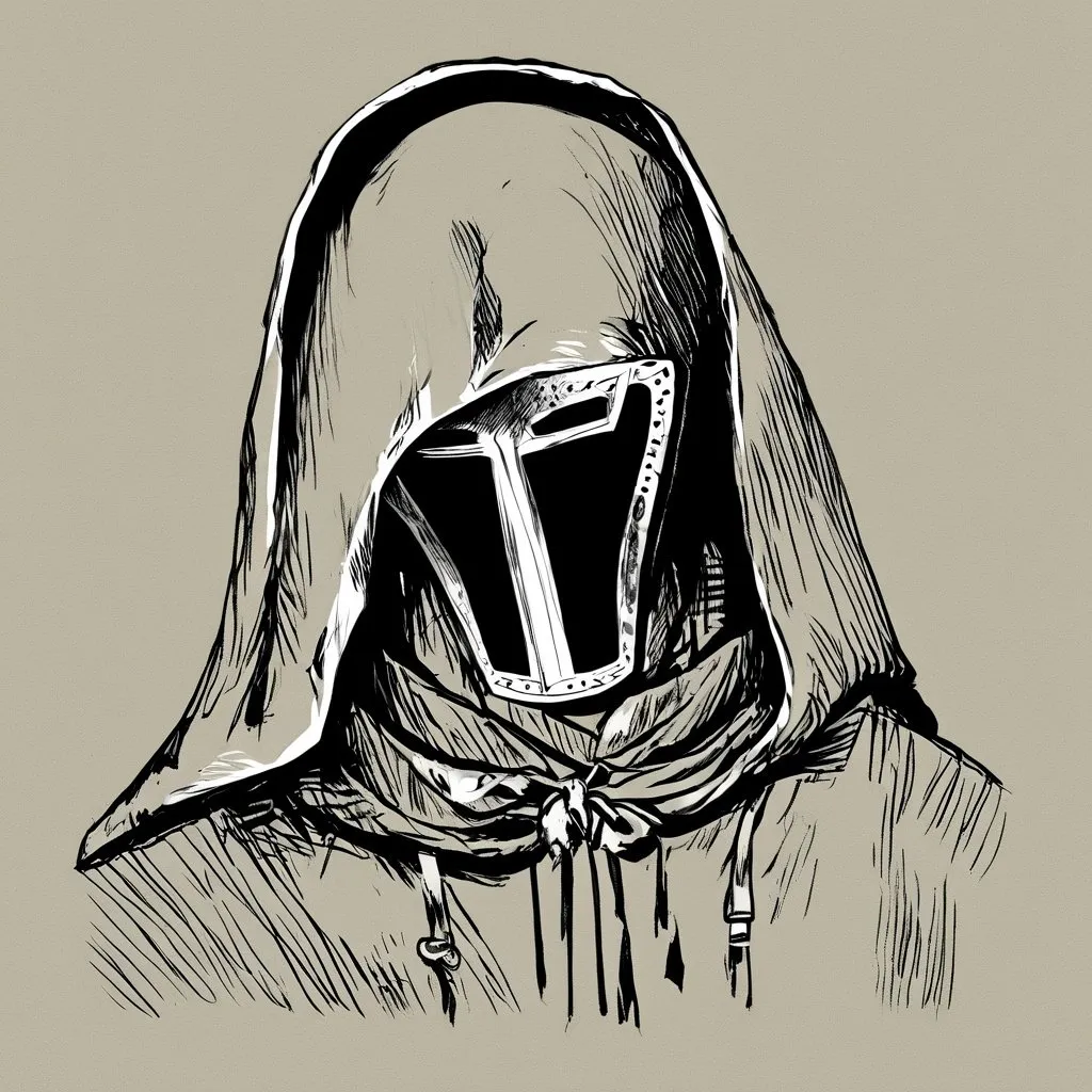 Prompt: Vintage clipart drawing of a hooded man with a metal mask that have engravings, black and white, ink drawing