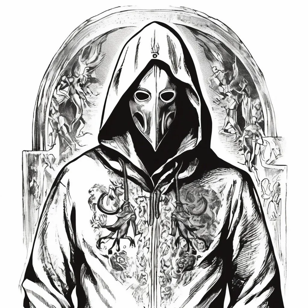 Prompt: Vintage clipart drawing of a hooded man with a metal mask that have engravings, black and white, ink drawing