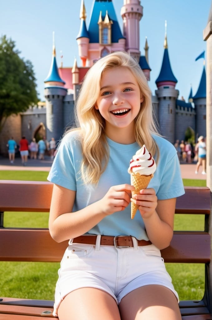 Prompt: Pretty adolescent girl, blonde, blue eyes, white tee, white denim shorts, white sneakers, happy expression, perfect hands, enjoying an ice cream cone, sitting on a bench, Disney Castle background, sunny summer day, high-res, youthful, photo-realistic, bright and sunny lighting