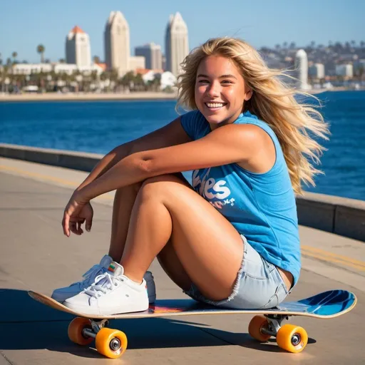 Prompt: Photo of a suntanned young woman, age 18, long windswept blonde hair, detailed round face, wearing a rainbow tee shirt, light blue denim shorts, white sneakers, crouching on a skateboard with blue wheels, arms outstretched, on the San Diego Embarcadero sidewalk, San Diego Bay background, curvaceous physique, bosomy, golden hour lighting, sunset scene, dynamic motion, fluid movement, active pose, happy smile, high-res, natural light, professional photography, intricate face, perfect hands