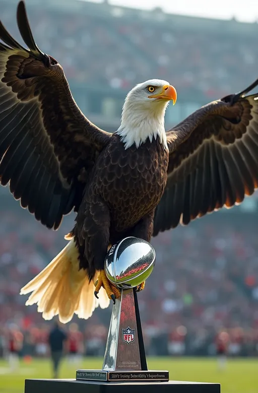 Prompt: Enormous bald eagle with its wings outstretched to showcase its plumage is sitting on the Vince Lombardi NFL Trophy, with the Super Bowl trophy clutched in its powerful talons. Crowded stadium background High detail & quality, 8k, pro photo.