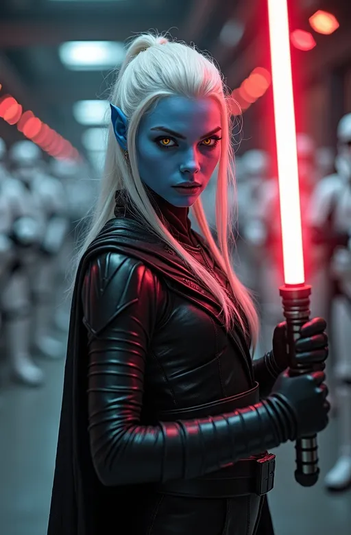 Prompt: Beautiful young blue-skinned alien woman, long chalk white hair, vivid luminous yellow eyes, black Sith Lord robes, black leather bodysuit, armored leggings and boots, holding glowing red lightsaber, Star Wars hangar bay with white clad Storm Troopers in background, detailed, dynamic aggressive stance, lightsaber held high & ready to strike, cinematic lighting, high-res photography, realistic, intricate details, intense gaze, sci-fi, vibrant colors, dramatic, professional lighting