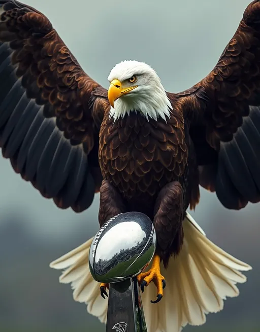 Prompt: Enormous bald eagle with its wings outstretched to showcase its plumage is sitting on the Vince Lombardi NFL Trophy, with the Super Bowl trophy clutched in its powerful talons. High detail & quality, 8k, pro photo.