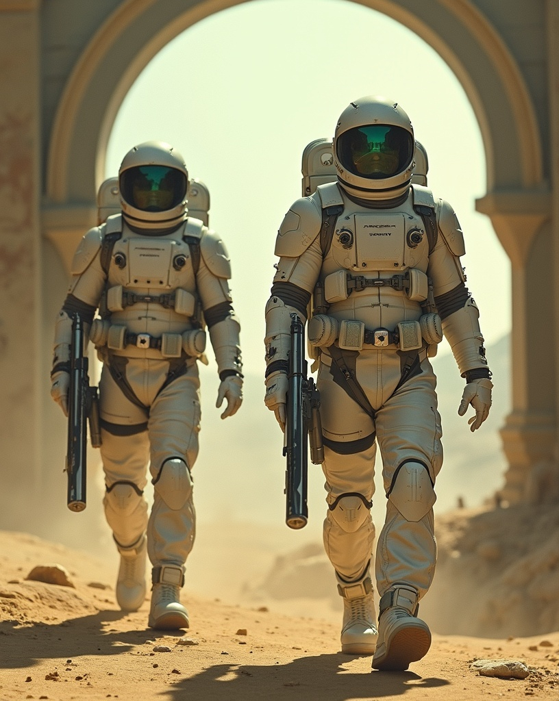 Prompt: Two ruggedly handsome Astro-Marines, dynamic poses, full white and metallic gray spacesuits, life support backpacks, and helmets with clear visors, walking through a ceramic & steel archway of an alien city, gripping sleek white and metallic silver battle rifles, cinematic photo, dusty yellow-green alien landscape in the background, high depth, dramatic lighting, 8k ultra-detailed, high quality.