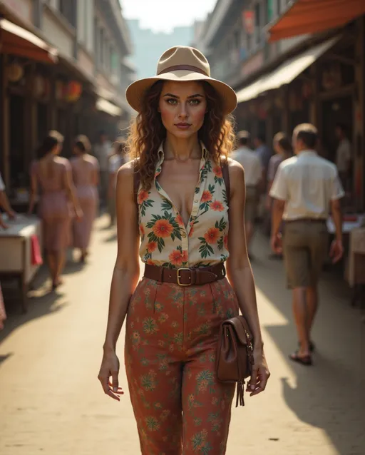 Prompt: @QGN2umPtifVe4Gy1KD4I Vibrant tropical adventure clothing, walking through a bustling 1930s Bangkok market. Colorfully dressed Thai adults engage in shopping amongst lively market stalls under bright sunlight. Atmospheric and rich in cultural textures, filled with vivid colors. Capturing the essence of a sunny day in a historically vibrant setting. 8K photo, ultra-detailed and high quality.