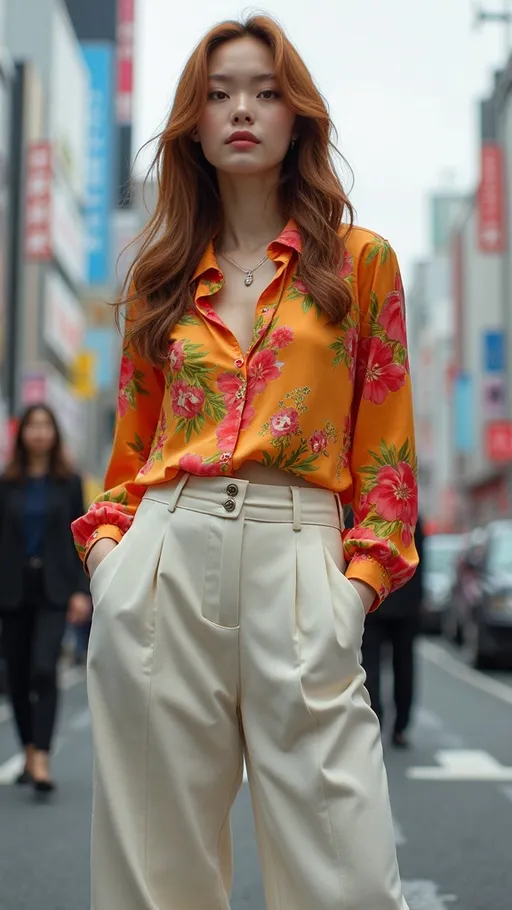 Prompt: Glamorously beautiful Japanese fashion model standing in Shibuya Crossing Tokyo, flawless face, long auburn hair, (gray eyes), curvaceous figure, wearing brightly colored silk blouse, linen slacks, leather sandals, natural light, (photorealistic), high-res, depth of field, cinematic, soft shadows, vibrant colors, chic fashion, bustling energetic atmosphere, modern Tokyo background, ultra-detailed, award-winning quality, professional photo, studio lighting.