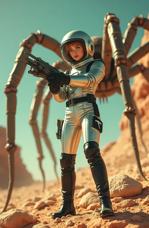 Prompt: (Beautiful retro futuristic sci-fi astronaut woman), wearing a (metallic silver space suit) with black leather belt and boots and a (silver helmet with open visor), holding a Buck Rogers style ray-gun, features a (gorgeous golden-ratio face), striking (green eyes), (chestnut hair), standing on a colorful alien planet, shooting her ray-gun at a massive alien spider creature, (well lit) with (high detail) portrayal, emphasizing an (8K resolution) and a (cinematic atmosphere) for an extraordinary visual experience.