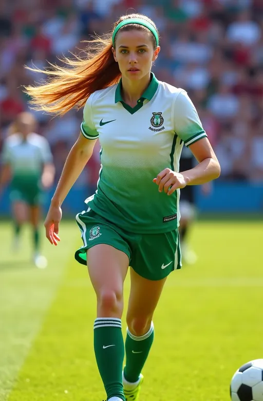 Prompt: photorealistic, (8K) sports action shot, attractive athletic girl, (fluid dynamic movement), intense focused expression, auburn hair, green eyes, wearing white & green uniform with long green socks and green soccer cleats, green headband, (bosomy figure), backdrop of a vibrant college stadium, cheering crowd, bright sunlight, high detail & quality, capturing the excitement of the soccer game, sense of motion and energy, subject is running towards a soccer ball.