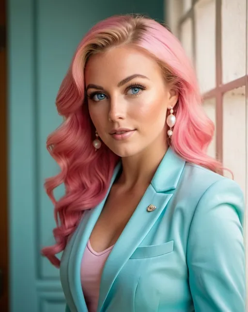 Prompt: Professional head to waist profile of a beautiful suntanned caucasian woman, age 25, curvaceous physique, intricate square face, long strawberry hair, vibrant blue eyes, arched eyebrows, button nose, light makeup, pearls, sky-blue blazer, pink blouse, khaki skirt, high-res photo, detailed, realistic, professional, head to waist, vibrant colors, intricate details, high quality, indoor photo, warm light, shoulders turned away from camera, head tilted, dynamic pose