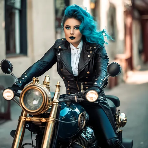Prompt: <mymodel>Steampunk woman, victorian suit, leather, brass, clockwork gearing, cyan hair, blue eyes, riding a steam powered motorcycle, vintage, technology, vapor clouds, sci-fi, perfect face, high detail, 8K photo, daylight