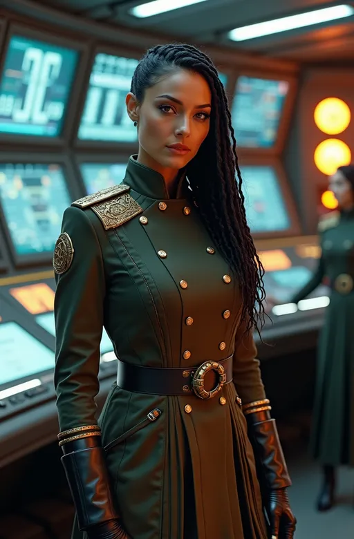 Prompt: photorealistic (beautiful) woman in a (Dune style detailed ceremonial high-ranking military uniform), (buttoned coat), (ringed planet insignia), (futuristic leather boots), a (gorgeous face) showcasing (detailed features) with (braided hair), in an (elegant pose), emanating (imposing) presence with a (radiant charm), surrounded by (lighted displays and monitors), set against a (sci-fi starship bridge) crowded with (uniformed personnel), ultra-detailed, high-quality, 8k, cinematic photo.