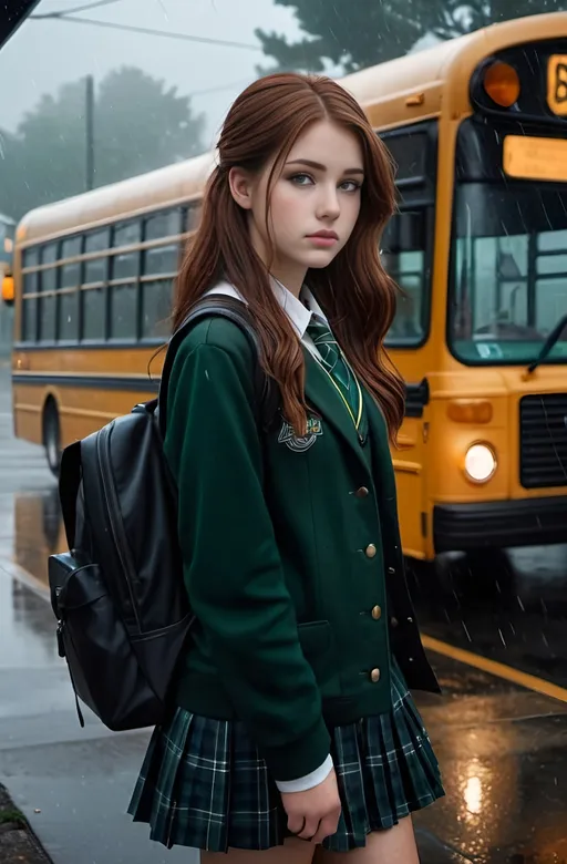 Prompt: photorealistic 8K image, (high school girl) in dark plaid student uniform, knee socks, oxfords, dark backpack, standing at a bus-stop, long auburn hair, round face, green eyes gazing vacantly, (melancholy vibe), overcast atmosphere, soft yet dramatic lighting, droplets of moisture in the air, detailed background of urban setting with a hint of grey skies, (high detail & quality).