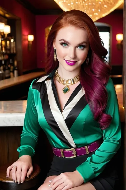 Prompt: Stunningly beautiful European woman, age 21, vibrant green eyes, long auburn-magenta hair, arched eyebrows, prominent cheekbones, plum makeup, gold & diamond jewelry, warm smile, flawless face, black & white harlequin pattern blouse, curvaceous bosomy figure, black belt, black skirt, black boots, sitting on a stool in an upscale bar, professional pose, luxury setting, pro lighting, sharp focus, high-res, pro photo