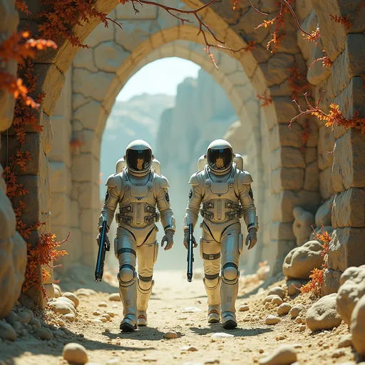 Prompt: Two ruggedly handsome Astro-Marines, dynamic poses, full white and metallic gray spacesuits, life support backpacks, and helmets with raised visors, walking through a stone archway of a futuristic alien city covered in orange blue & red alien vines, gripping sleek white and metallic silver battle rifles, cinematic photo, dusty yellow-green alien landscape in the background, capturing the unique mix of organic and geometric shapes in the alien cityscape, high depth, dramatic lighting, 8k ultra-detailed, high quality.