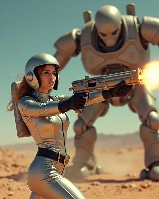 Prompt: (Beautiful retro futuristic sci-fi astronaut woman), wearing a (metallic silver space suit) with black leather belt and boots and a (silver helmet with open visor), holding a Buck Rogers style ray-gun, features a fierce expression on her (gorgeous golden-ratio face), striking (green eyes), (chestnut hair), standing on a colorful alien planet, shooting her ray-gun at a massive alien robot creature, (well lit) with (high detail) portrayal, capturing a moment of combat in a cheesy low-budget movie atmosphere, emphasizing her curvaceous physique, (8K resolution) and a (cinematic atmosphere) for an extraordinary visual experience.