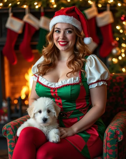 Prompt: Christmas costumed Court Jester woman, (vibrant) (green & red harlequin patterned) vest blouse & skirt, red tights, green boots, beautiful curvy plump young woman with gorgeous face details, cinnamon-blonde hair, Santa hat with white trim. Sitting in (cozy) Christmas decorated parlor, (adorable fluffy white puppy in her lap), stockings adorning the fireplace mantle, (warm holiday ambiance), bright warm golden lights illuminating the scene, surrounded by festive decor, well lit (photorealistic postcard style), ultra-detailed, 8k resolution, evoking a cheerful holiday spirit, inviting imagery celebrating the festive season.