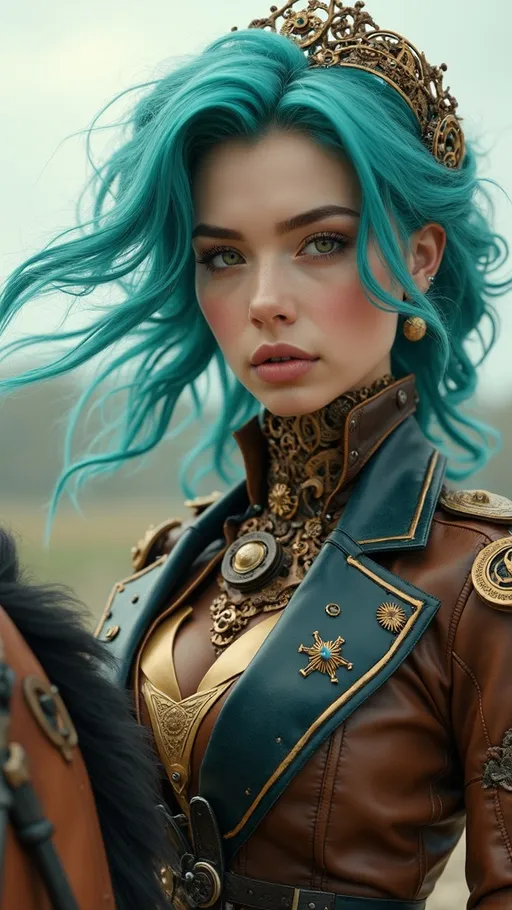 Prompt: Steampunk woman, stunning Victorian suit adorned with leather and brass accents, intricately designed clockwork gearing visible, vibrant cyan hair flowing, captivating hazel eyes shining bright, riding an imposing robotic mechanical horse, infused with vintage technology and electric components, set in a scenic daylight backdrop, perfect symmetrical facial features captured in exquisite detail, ultra-high-definition 8K photograph, radiating a sci-fi ambiance filled with adventure and innovation.