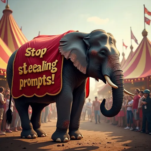 Prompt: Profile view of a large elephant, (red banner) draped on its side reading (accurately spelled text "Stop stealing prompts!") in (gold text), vibrant circus parade scene, (well-lit) ambiance, surrounded by colorful tents and jubilant onlookers, 8k resolution, (ultra-detailed) clarity, professional photography style.