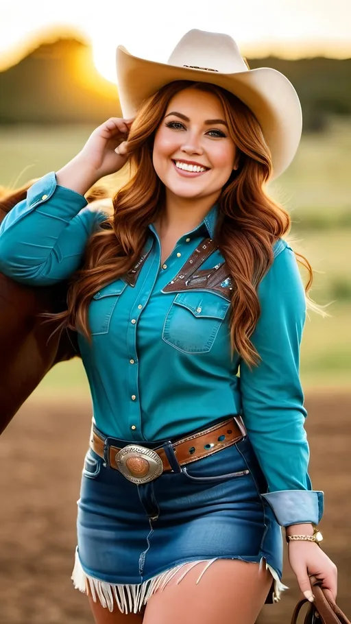 Prompt: Beautiful curvy round rodeo girl, wavy auburn hair, vibrant green eyes, moon-face, ample full_figure, flawless olive skin, smile, denim shirt & miniskirt with white fringe detail, cowboy hat & boots, turquoise & silver detailing, high-res, pro photo, golden light, ranch setting